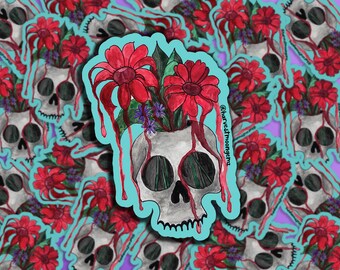 Bloody Skull Bouquet, Spooky Matte Vinyl Sticker