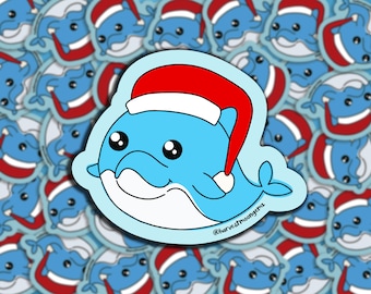 Santa Hat Dolphin, Kawaii, Holiday Sticker, Stocking Stuffer