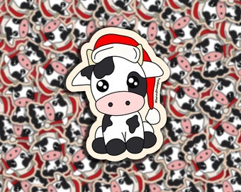 Santa Hat Cow, Kawaii, Holiday Sticker, Stocking Stuffer