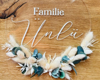 Door sign | Acrylic glass shield | Name badge | Dried flower wreath | Wedding gift | Move-in gift