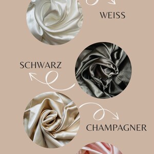 May include: A color palette for kimonos, featuring swatches of fabric in white, black, olive green, champagne, and blush pink. Each color is labeled with its German name, with arrows pointing to the corresponding fabric sample.