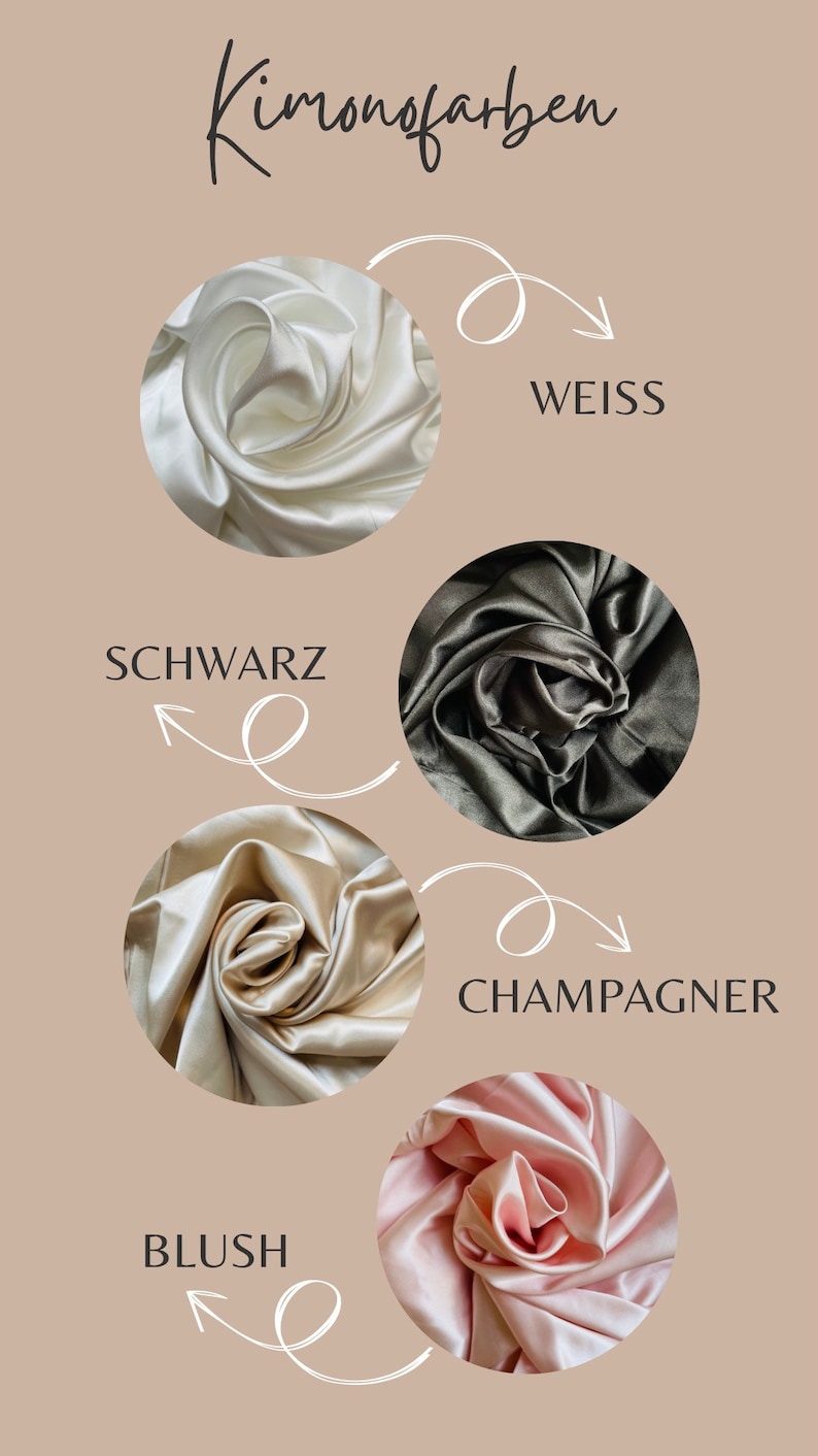 May include: A color palette for kimonos, featuring swatches of fabric in white, black, olive green, champagne, and blush pink. Each color is labeled with its German name, with arrows pointing to the corresponding fabric sample.