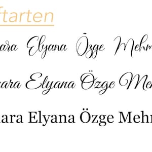 May include: Three examples of different fonts for the names Amara, Elyana, &Ouml;zge, and Mehmet. The first example is in a cursive font, the second example is in a slightly more stylized cursive font, and the third example is in a standard font.
