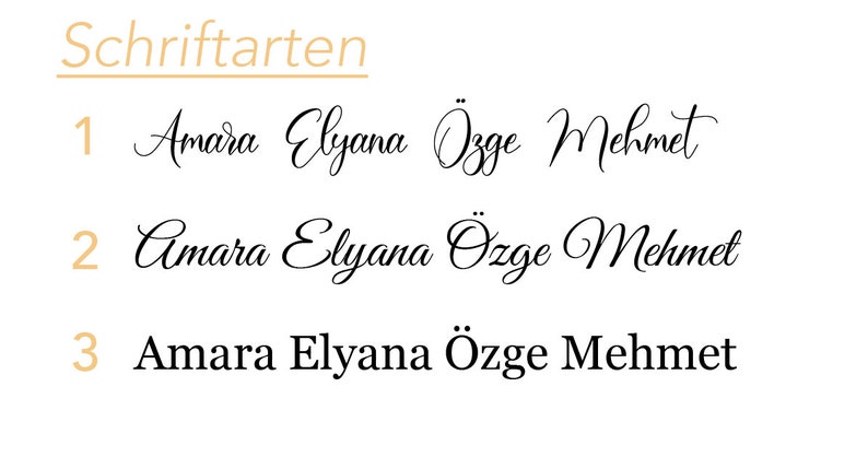 May include: Three examples of different fonts for the names Amara, Elyana, &Ouml;zge, and Mehmet. The first example is in a cursive font, the second example is in a slightly more stylized cursive font, and the third example is in a standard font.