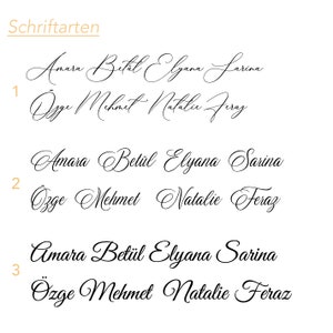 Op de afbeelding: Een lijst met namen geschreven in verschillende cursieve lettertypen. De namen zijn Amara, Bet&uuml;l, Elyana, Larina, &Ouml;zge, Mehmet, Natalie en Feraz. De namen zijn genummerd 1, 2 en 3.