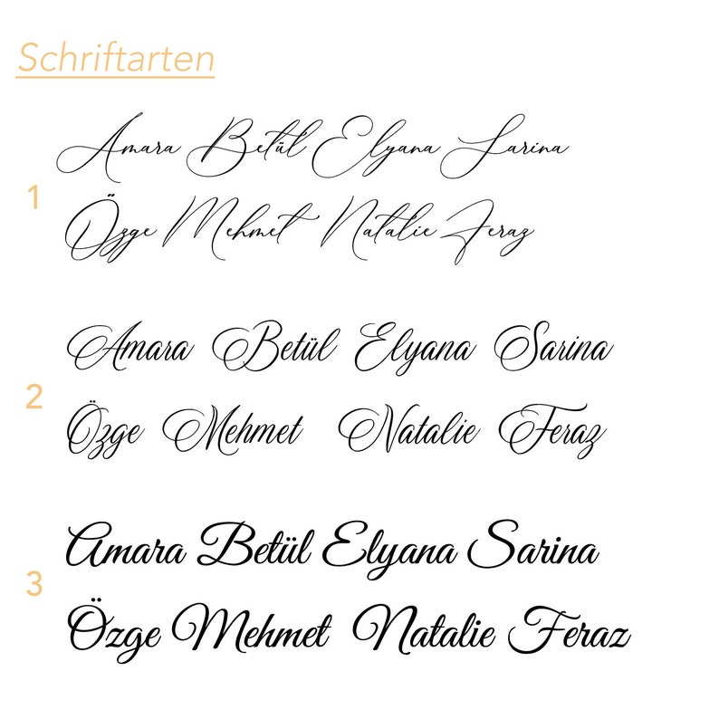 Op de afbeelding: Een lijst met namen geschreven in verschillende cursieve lettertypen. De namen zijn Amara, Bet&uuml;l, Elyana, Larina, &Ouml;zge, Mehmet, Natalie en Feraz. De namen zijn genummerd 1, 2 en 3.