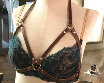 leather bra harness, custom hand built