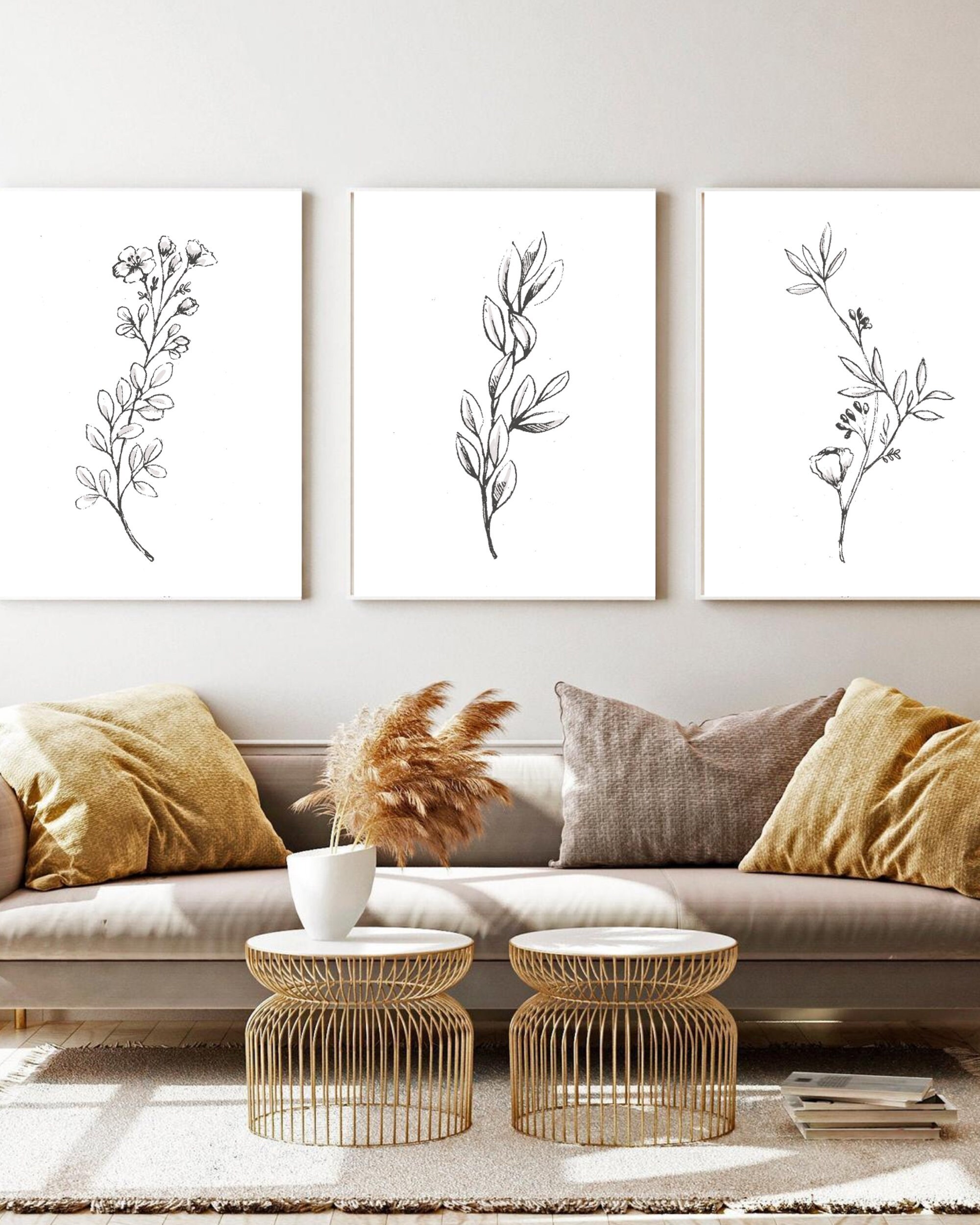 Set of 3 Flower Prints Black and White Prints Botanical | Etsy