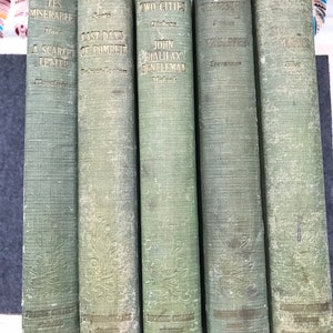 Puede incluir: Una colección de seis libros antiguos de tapa dura con cubiertas verdes y letras doradas. Los títulos incluyen "Los Miserables", "Vanity Fair", "Un cuento de dos ciudades", "Los últimos días de Pompeya", "John Halifax, Gentleman", y "Gunner"