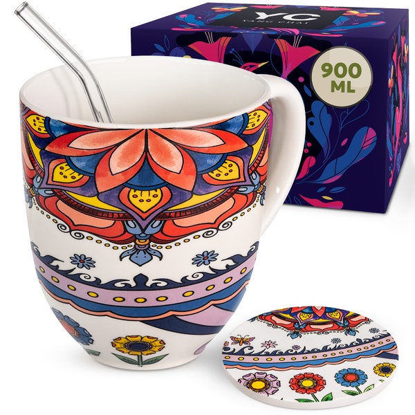 YC Yang Chai Jumbotasse 900ml - große Teetasse aus Knochen Porzellan - XXL Tasse mit Untersetzer - Kaffeetasse Jumbobecher - YC Tranquility