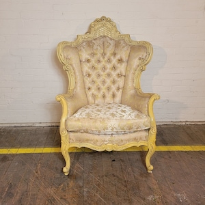 Vintage Victorian Armchair - Carved Wood Parlor Chair with Tufted Backrest - Antique Ivory Chair - Customize Me - Free Shipping!