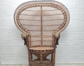 Vintage Boho Peacock Wicker Chair - Iconic Emanuelle Wicker Chair - Retro Rattan Lounge Wingback Armchair