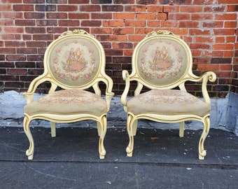 Antique Victorian Parlor Chairs - Pair of Vintage French Ivory and Gold Accent Chairs