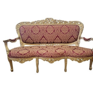 1940s Vintage Victorian Carved Wood Gilded & Red Brocade Sofa - Victorian Gold Settee - Vintage Red Damask and Gold Couch - FREE SHIPPING!