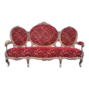 Antique Victorian Carved Wood Medallion Sofa / Couch - Vintage Red Velvet Settee - Baroque Red Damask Velvet Loveseat - FREE SHIPPING!