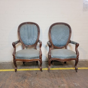Antique Blue Brocade Slipper Chairs - Victorian Parlor Side Chairs - Vintage Blue Round Back Chairs - Customize Me! FREE SHIPPING!