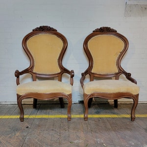 Victorian Carved Wood Slipper Chairs - Vintage Yellow Velvet Armchairs - Antique Parlor Accent Chairs - Customize Me! Free Shipping!
