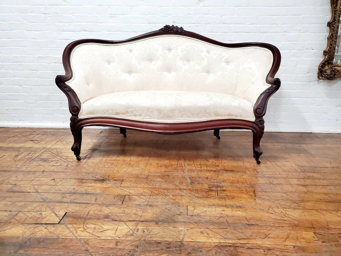 Antique White Damask Brocade Loveseat Victorian White Carved Etsy