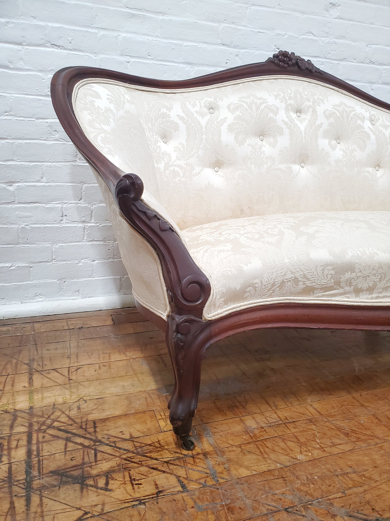 Antique White Damask Brocade Loveseat Victorian White Carved Etsy