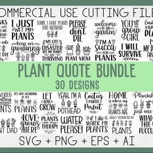 Könnte beinhalten: Ein Set mit 30 Pflanzen-SVG-, PNG-, EPS- und AI-Schnittdateien mit verschiedenen Zitaten über Pflanzen. Die Zitate beinhalten "Ich gieße gerade meine Pflanzen", "Mein Leben ist eine Katastrophe, ich habe meine Pflanzen aufgegeben", "Ich bin ein Pflanzen-Fan", "Du wächst Mädchen", "Zuhause ist, wo meine Pflanzen sind", und mehr.