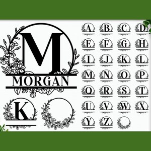 Puede incluir: Una imagen en blanco y negro de un diseño de monograma con una corona de flores. El diseño presenta la letra "M" en un círculo con una corona de flores y el nombre "MORGAN" debajo. La imagen también incluye un conjunto de 26 letras, de la A a la Z, en un diseño similar de corona de flores.