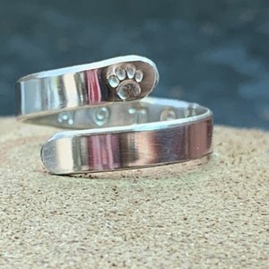 Silver Adjustable Paw print with pet name Wrap Ring, handmade, 925 sterling silver, finger or thumb ring, love or remember your dog or cat