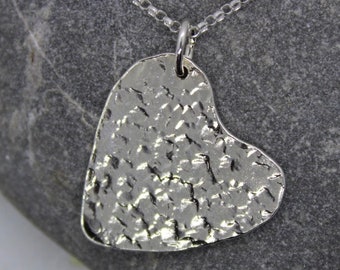 Solid silver heart pendant, large, hammered texture, necklace with chain, handmade 925 solid silver everyday wear, romantic love friend gift