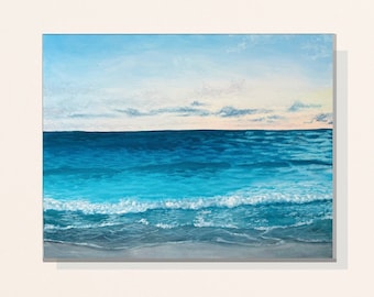 Original Beach Daytime Painting on Canvas Calm Ocean Waves 20x16 in.