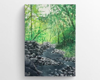 Original Forest with Stream Painting Green Landscape Small Painting