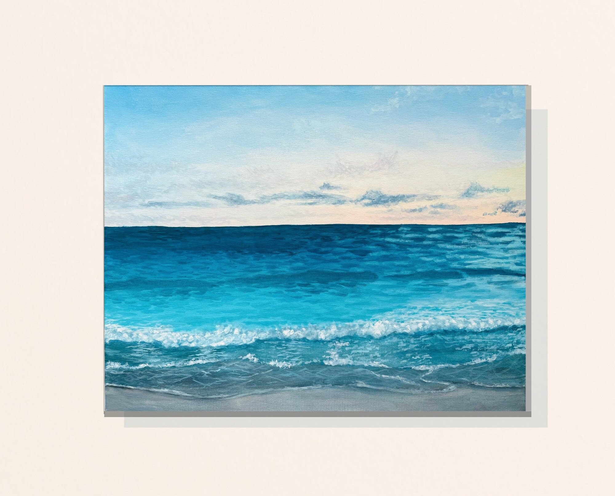 Original Beach Daytime Painting on Canvas Calm Ocean Waves 20x16