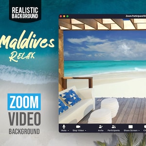 May include: A Zoom video background featuring a tropical beach scene with a white couch and blue pillows under a wooden pergola. The text "Maldives Relax" is displayed on the left side of the image. The text "Zoom Video Background" is displayed on the bottom left side of the image.