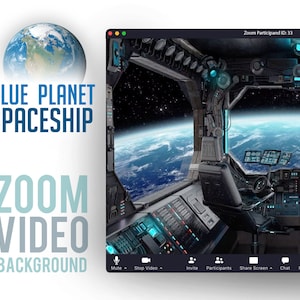 以下が含まれることがあります： 宇宙から地球を見た宇宙船のコックピットを特徴とするズームビデオの背景。左上の隅に「BLUE PLANET SPACESHIP」というテキストが表示されています。左下の隅に「ZOOM VIDEO BACKGROUND」というテキストが表示されています。