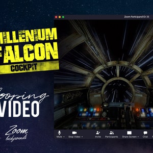 May include: A digital Zoom background featuring the Millennium Falcon cockpit. The image includes the text "MILLENNIUM FALCON COCKPIT" in yellow and black, along with "looping VIDEO Zoom backgrounds". The cockpit interior is detailed with various controls and a view of hyperspace.
