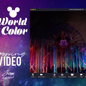 May include: A looping video of a colorful fireworks display over a Ferris wheel with Mickey Mouse's face on it. The video is labeled "World of Color looping video" and is meant to be used as a Zoom background.