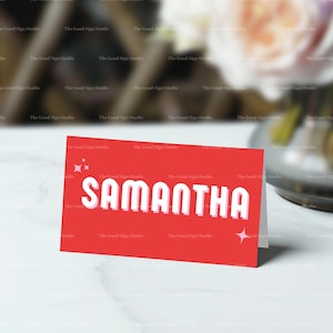 Funky Name Cards, Wedding Name Cards, Disco Style Instant Downloadable Name Cards, Canva Wedding Papeteria, Retro Fun Pink & Red Prints