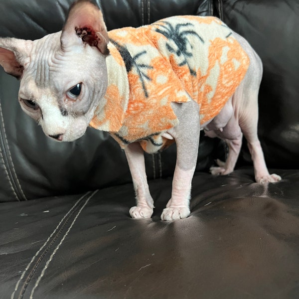 Halloween and fall prints Fleece sphynx cat clothes, sphynx cat shirts in both adult and kitten sizes fast shipping!!!