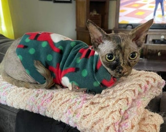 Christmas Holiday Print Fleece sphynx cat clothes, sphynx cat shirts in both adult and kitten sizes fast shipping!