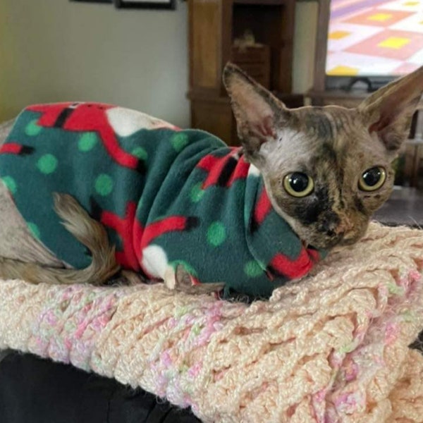 Christmas Holiday Print Fleece sphynx cat clothes, sphynx cat shirts in both adult and kitten sizes fast shipping!