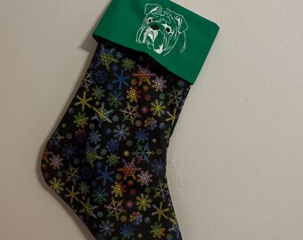 English Bulldog embroidered stocking, Holiday stocking,  Christmas stocking handmade cotton with interfacing, multiple prints!