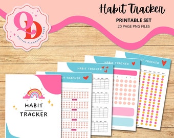 Habit Tracker Printables Set, Set of 20 Habit Tracker Pages, Bright, colorful Habit Trackers