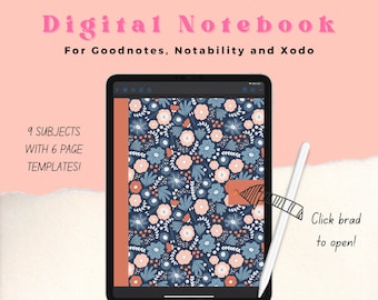 Digital Notebook 9 Subject in Blue Floral, ipad notebook, goodnotes notebook, digital notebook