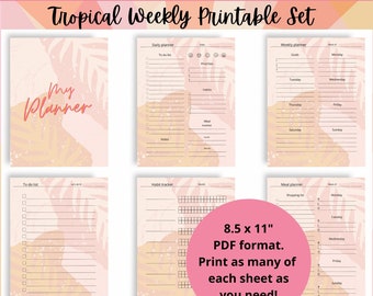Tropical Weekly Planner Printables, US letter, meal planner, weekly planner, daily plan, habit tracker