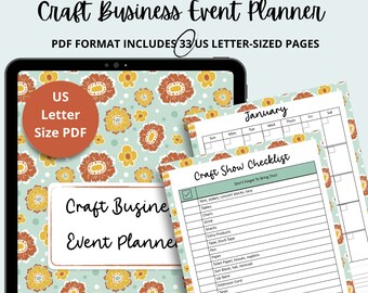 May include: A digital Craft Business Event Planner in PDF format, featuring 33 US letter-sized pages. The planner includes a floral design cover and a checklist for craft shows. The planner is designed to help organize craft business events.