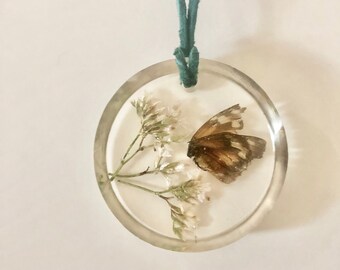 Round Resin Hanging- Orange Butterfly with Pink Botanical Embellishments