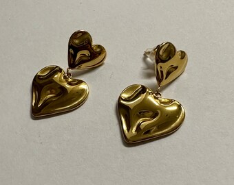 18k Gold Plated Double Heart Drop Earrings | Hypoallergenic Earrings | Heart Earrings