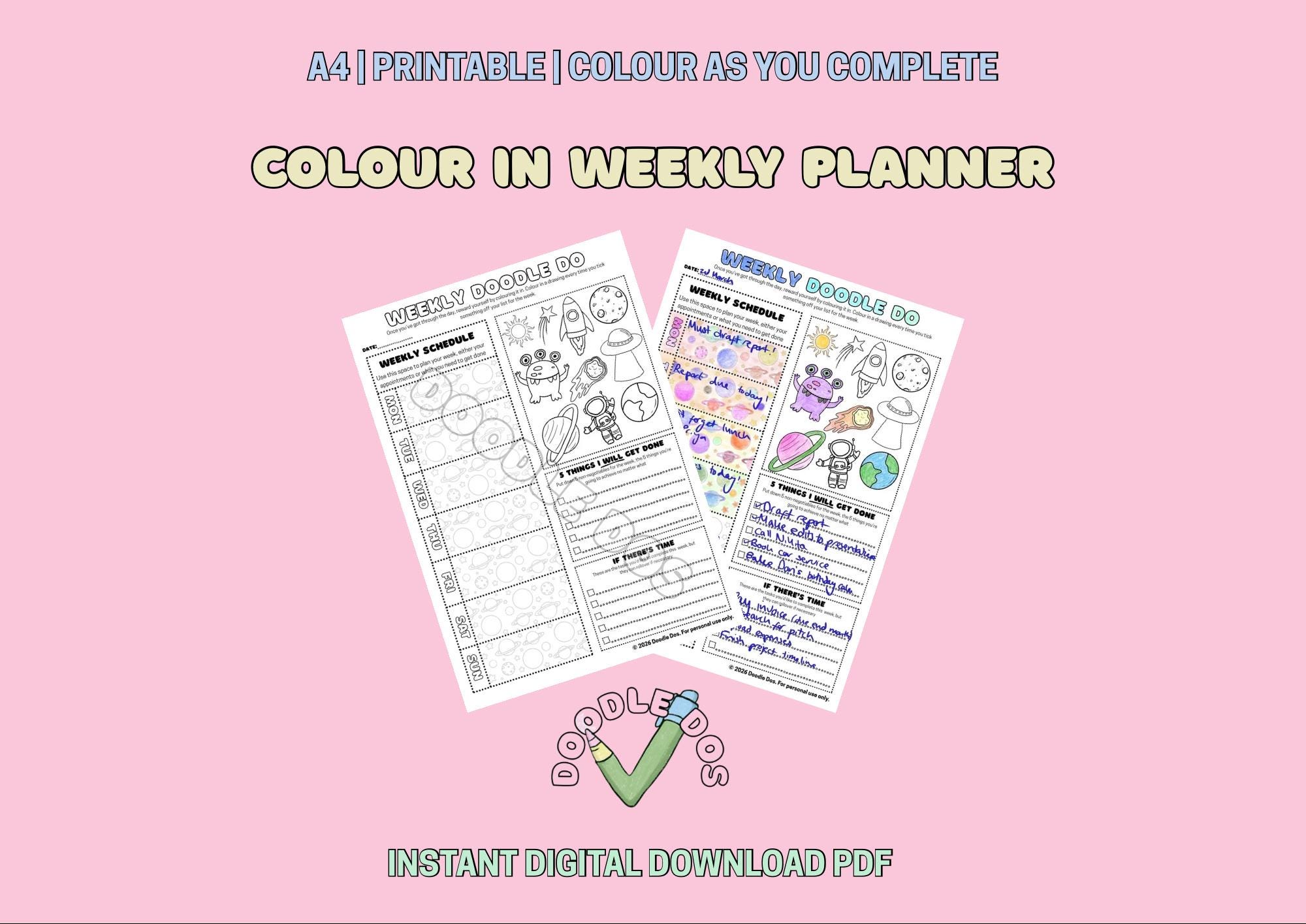 Printable Colour in Weekly Planner | ADHD Friendly | Space Doodle Dos ...