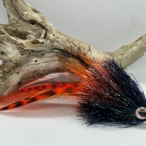 May include: A fishing fly lure featuring a dark black head with iridescent fibres, a prominent silver and orange eye, and long, flowing orange and black barred feathers extending from the rear, creating a vibrant and textured appearance.