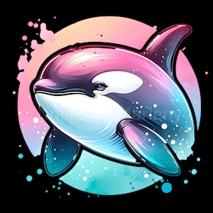 May include: A stylized illustration of an orca whale with a gradient of pink, purple, and blue hues. The whale is set against a circular backdrop with a watercolor effect, and a black background.
