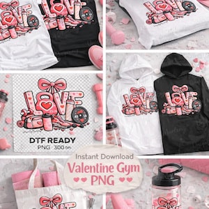 May include: Collection of Valentine's Day themed gym products. Includes white and black t-shirts, hoodies, a tote bag, and a water bottle, all featuring a pink and red "LOVE" design with gym equipment. The design is available as a DTF ready PNG.