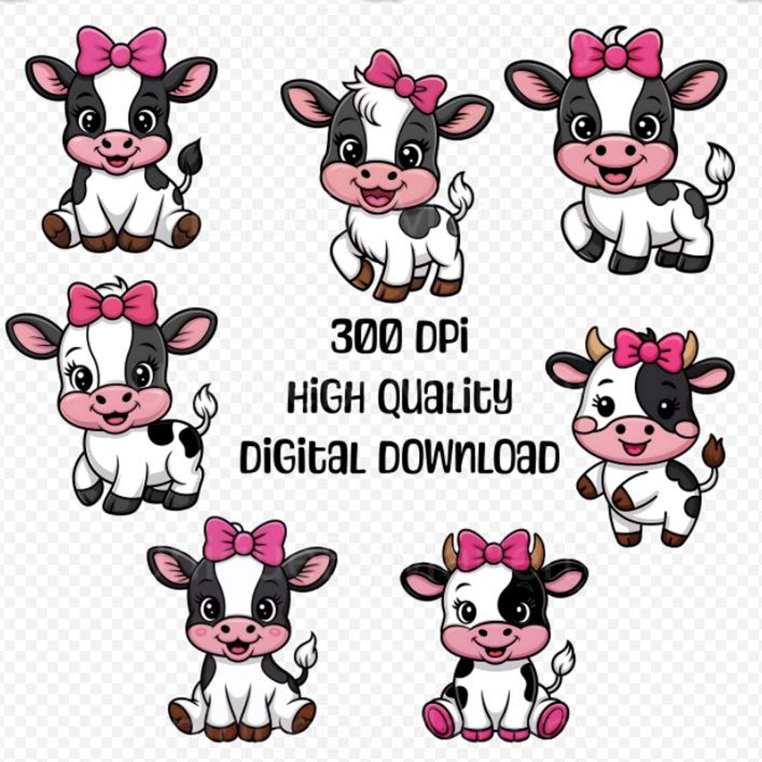 Cute Baby Cow PNG Clipart – Sitting Calf With Bow, 300 DPI Cartoon Farm ...